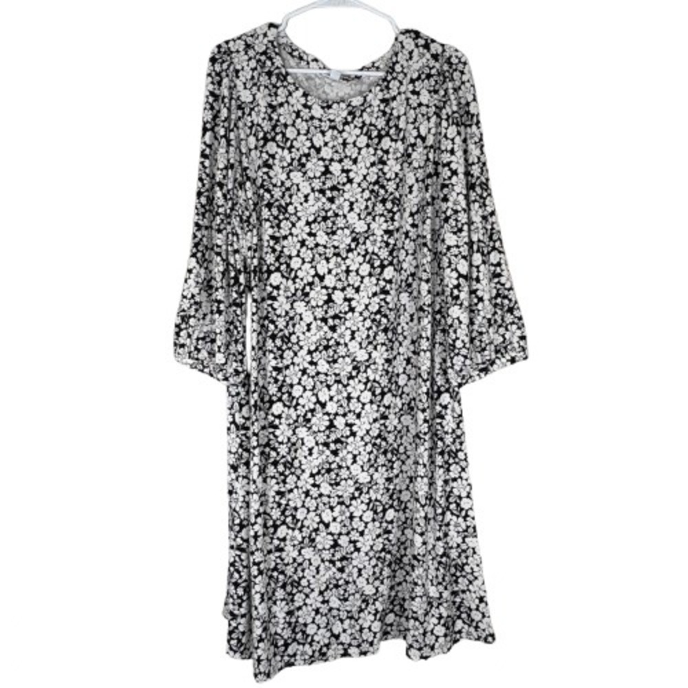 J. Jill Women Black White Floral Dress 3/4 Sleeve Stretch Cottagecore Size 2X